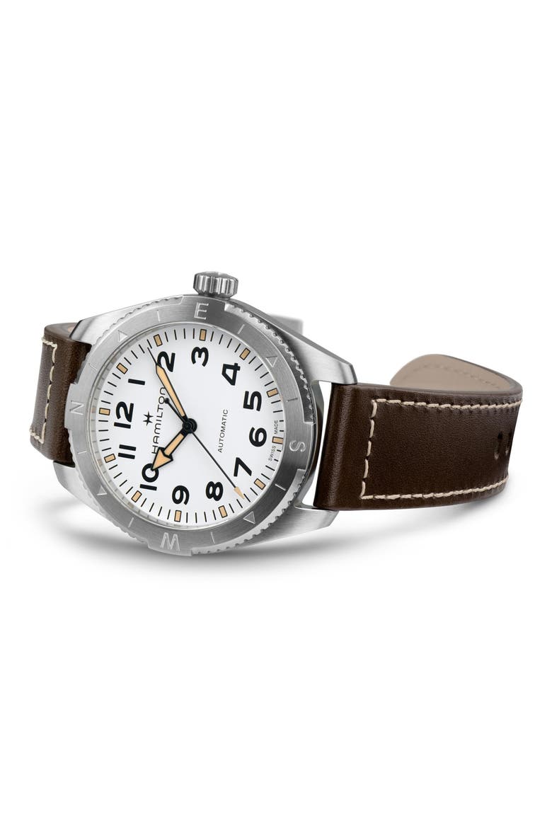Khaki Field Expedition Automatic Leather Strap Watch, 41mm, Alternate, color, WHITE