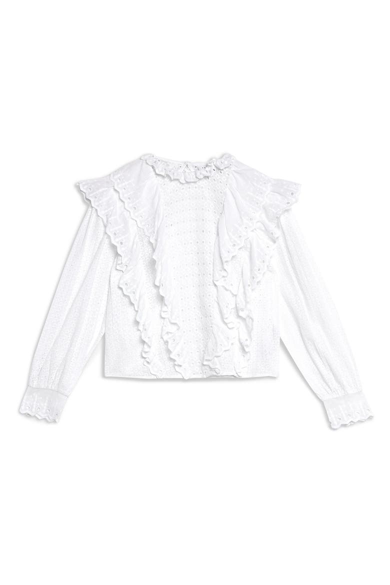 Ruffle Long Sleeve Broderie Anglaise Top, Alternate, color, WHITE
