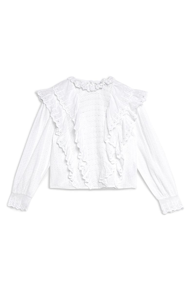 Topshop Ruffle Long Sleeve Broderie Anglaise Top, Alternate, color, 