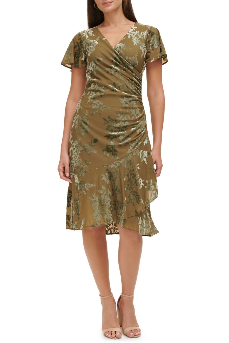 Floral Velvet Burnout Faux Wrap Midi Dress, Main, color, OLIVE