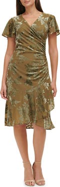 Kensie Floral Velvet Burnout Faux Wrap Midi Dress
