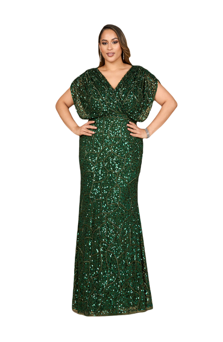 LARA New York Beaded Gown with Draped Cape Sleeves, Main, color, Emerald Green