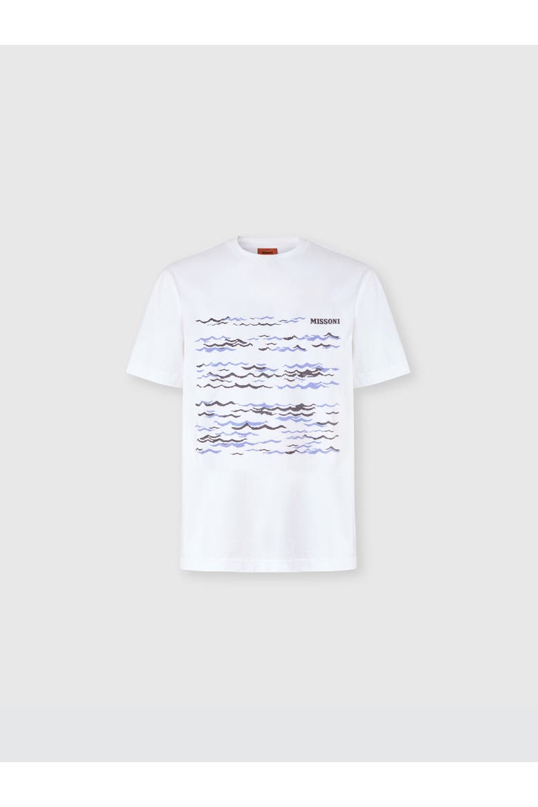 Crew-neck Cotton T-shirt With Wave Print And Logo, Main, color, White & Blue
