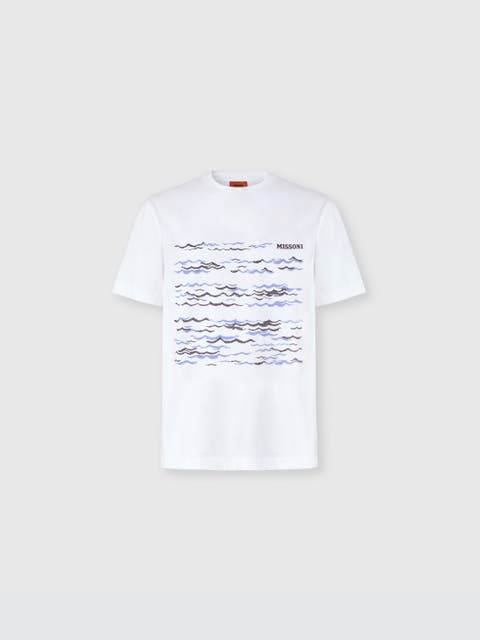 Crew-neck Cotton T-shirt With Wave Print And Logo