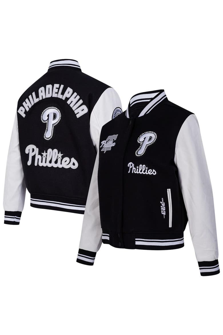 Women's Pro Standard Black Philadelphia Phillies Pearls Rib Wool Full-Zip Varsity Jacket, Main, color, Black