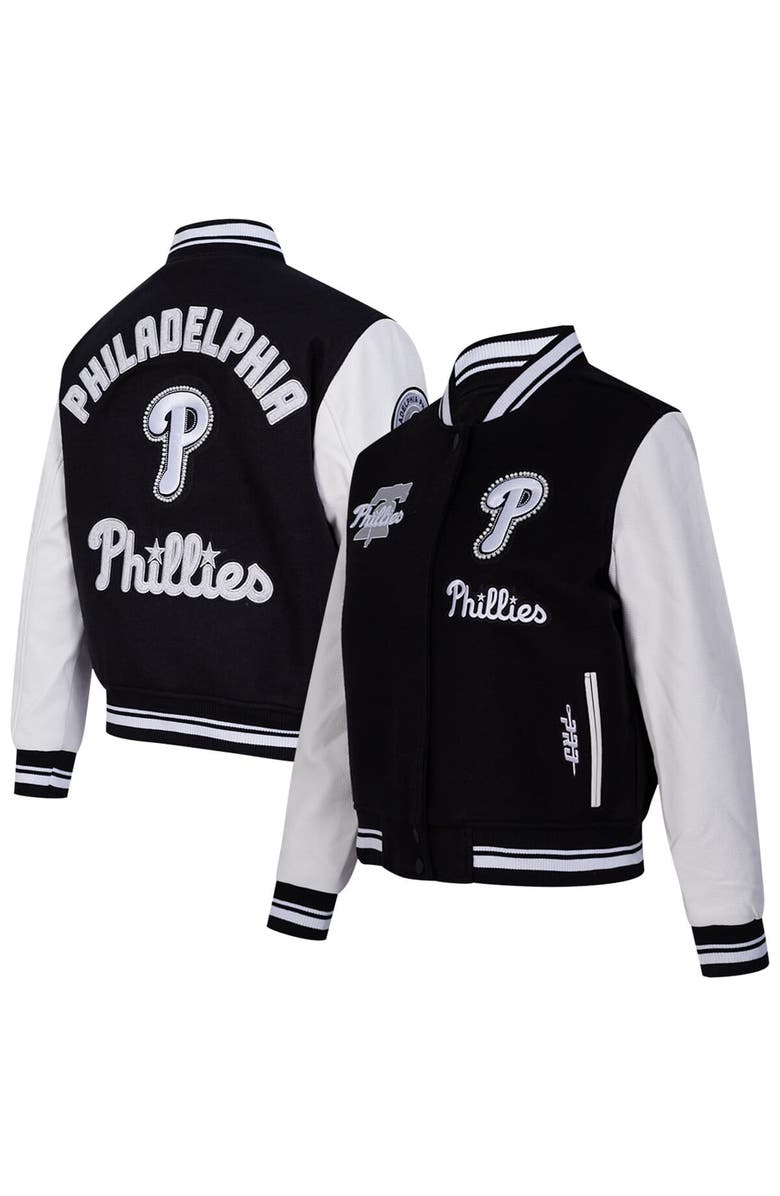 PRO STANDARD Women's Pro Standard Black Philadelphia Phillies Pearls Rib Wool Full-Zip Varsity Jacket, Main, color, Black
