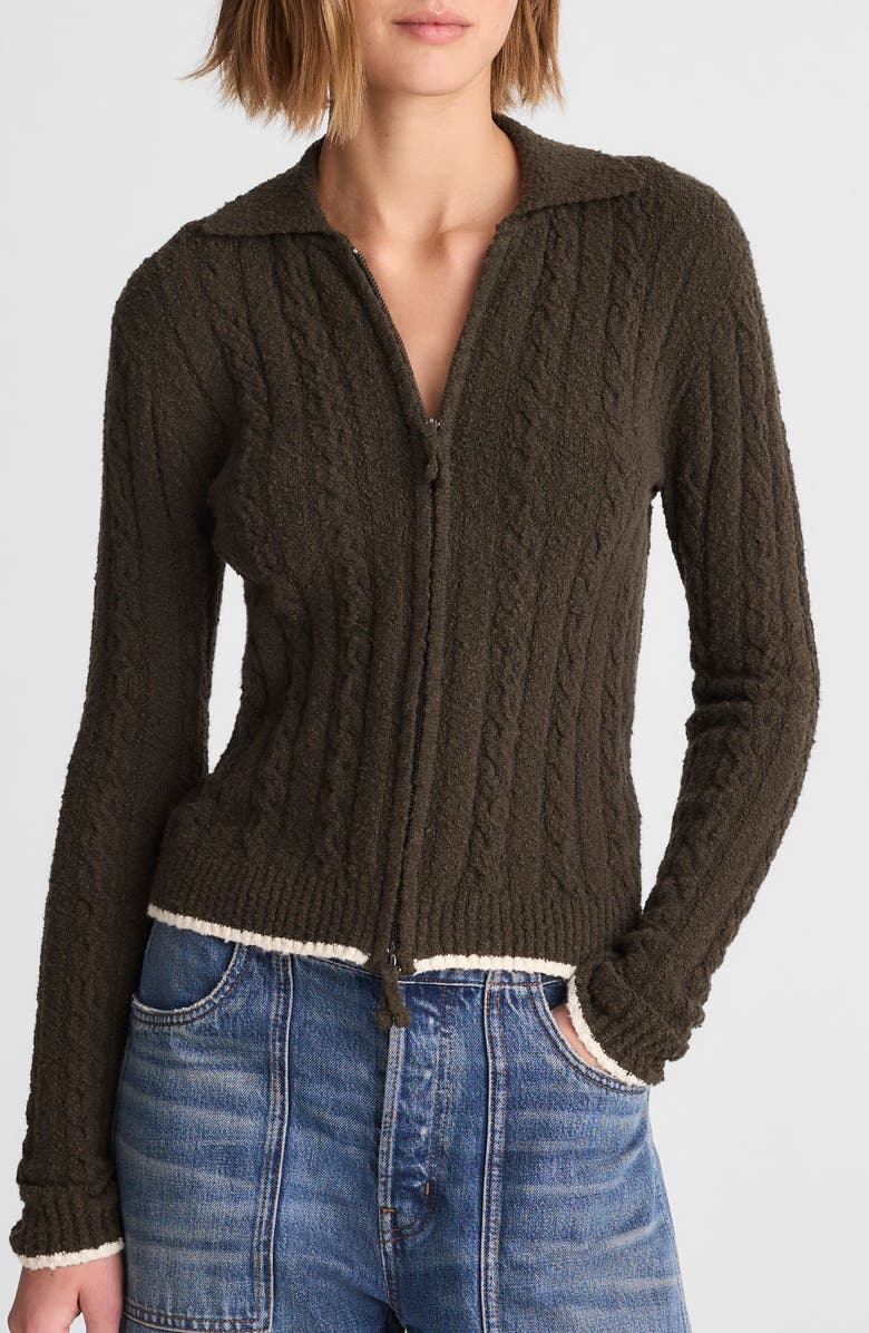 Madewell Cable Knit Zip Cardigan, Main, color, Midnight Olive Tippi