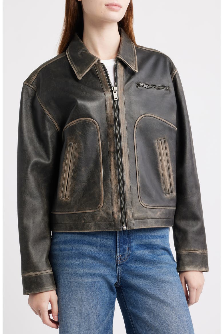 Distressed Leather Bomber Jacket, Alternate, color, BLACK