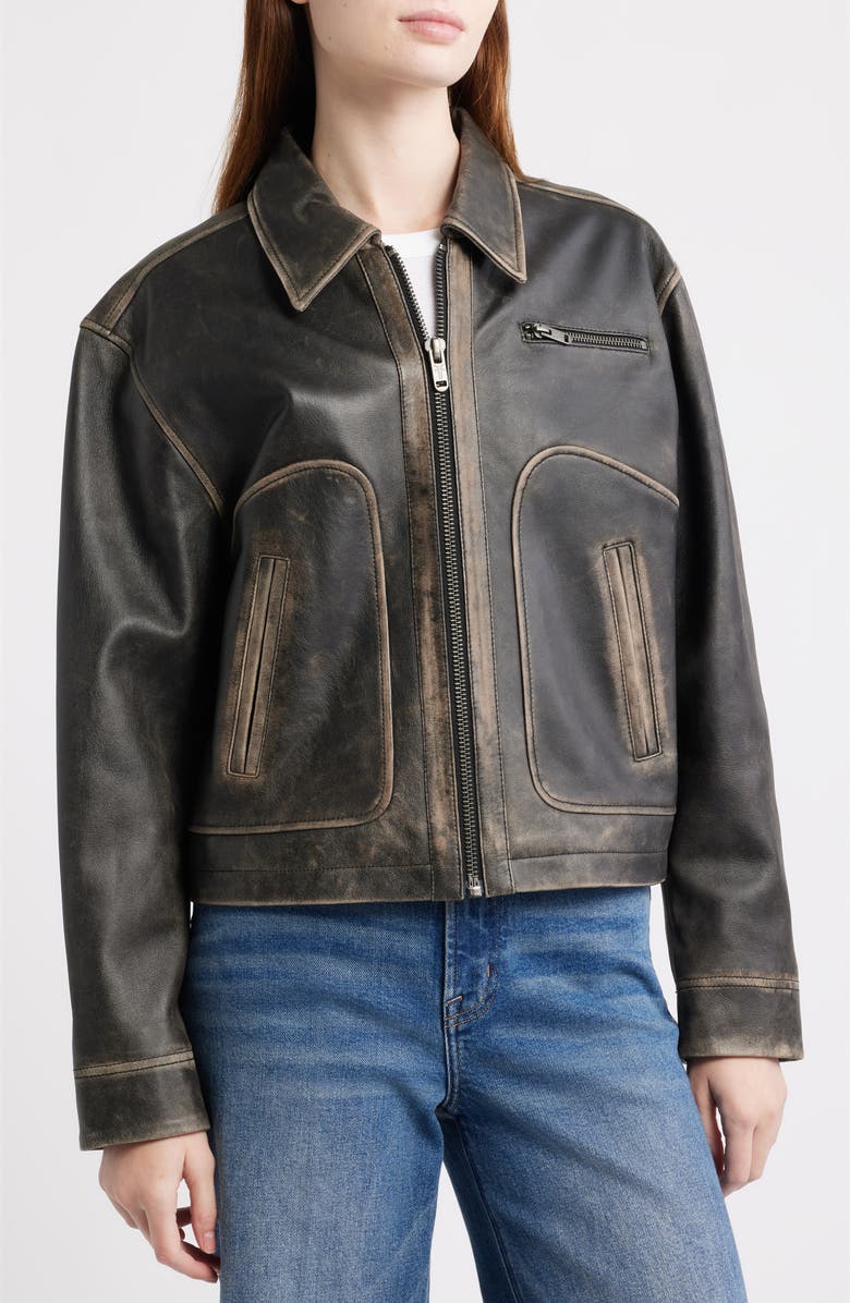 Frye Distressed Leather Bomber Jacket, Alternate, color, Black