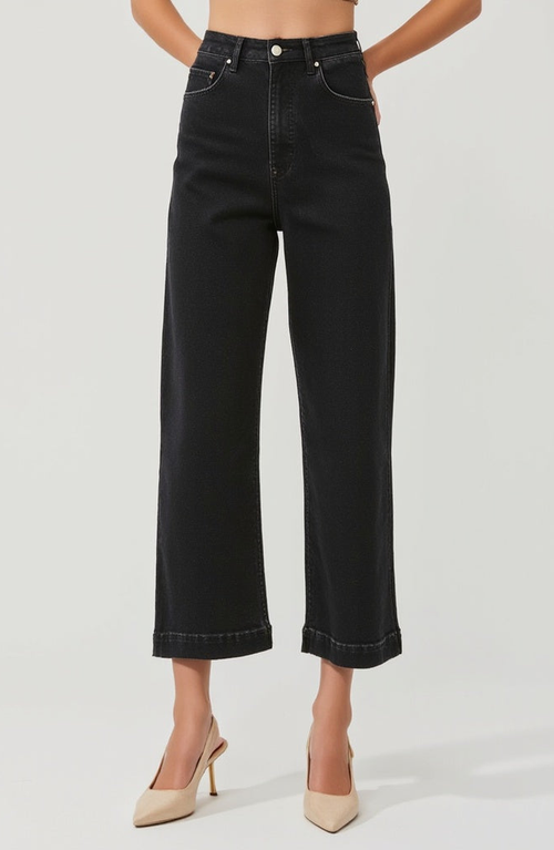 Modenaire High Waist Wide-leg Cropped Jeans With Clean Hem In Black
