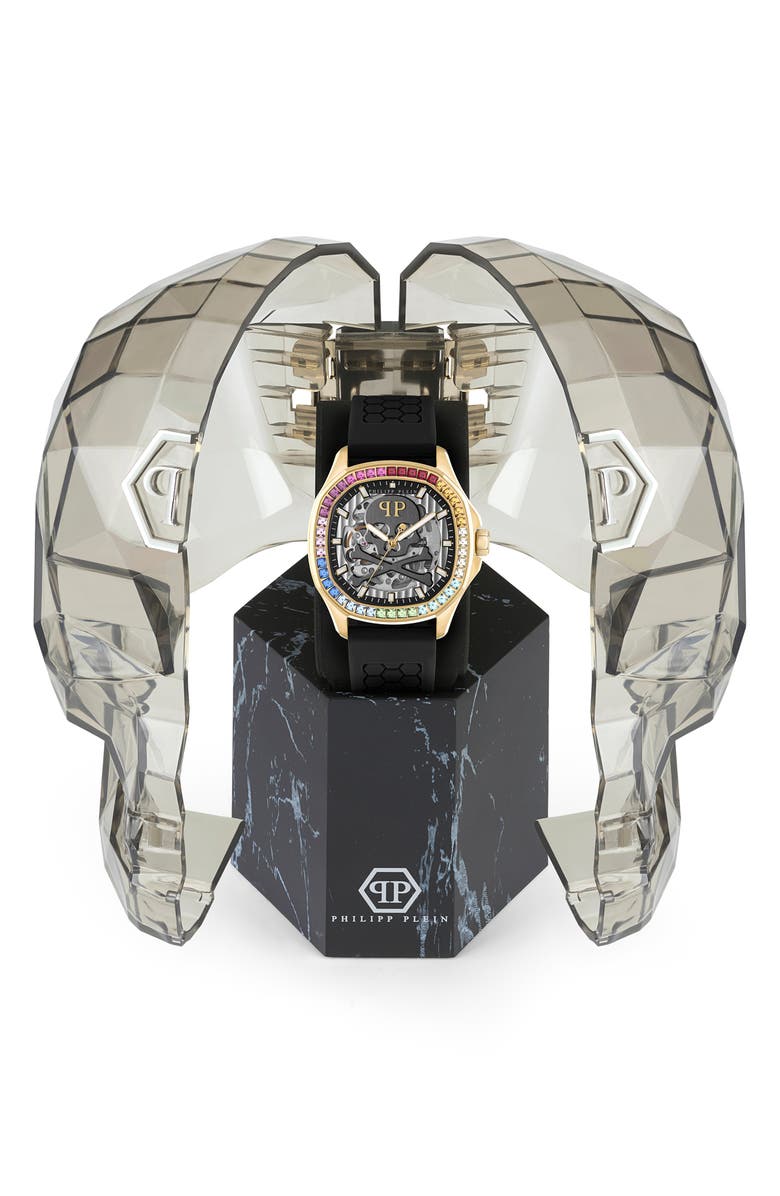 PHILIPP PLEIN Skeleton Spectre Silicone Strap Watch, 42mm, Alternate, color, Ip Yellow Gold