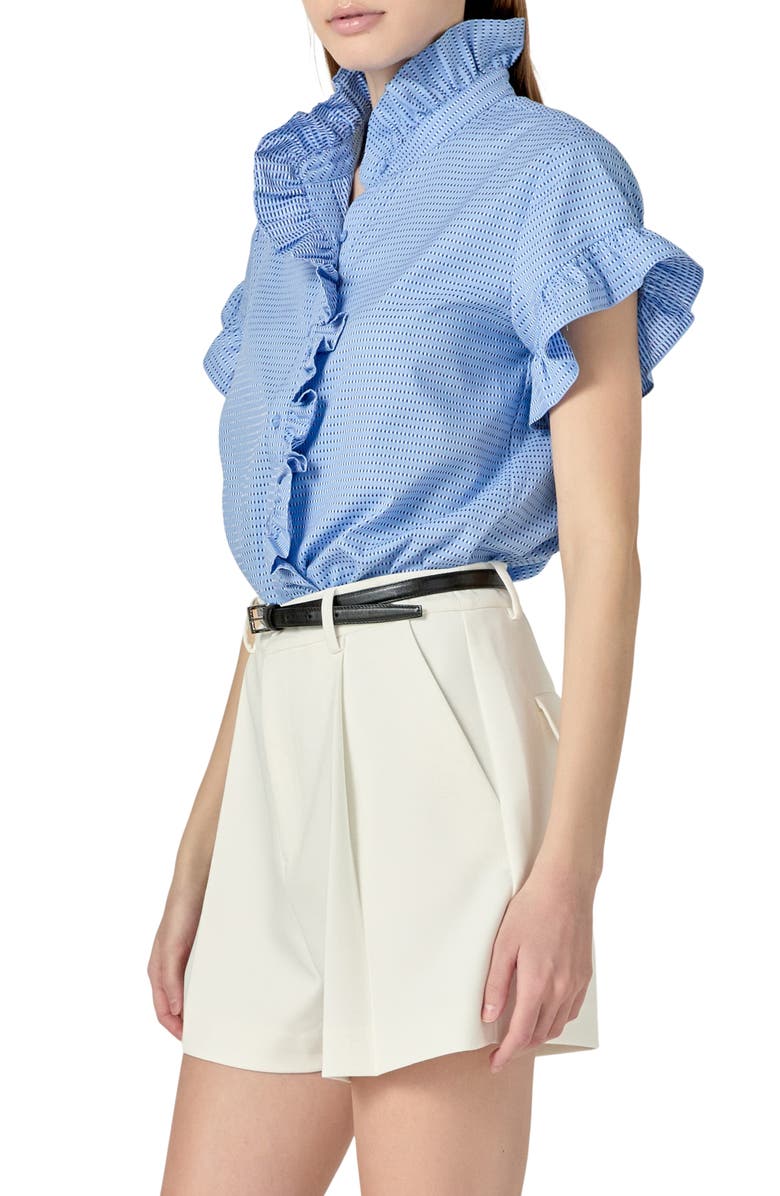 English Factory Microprint Ruffle Detail Cotton Button-Up Shirt, Alternate, color, 