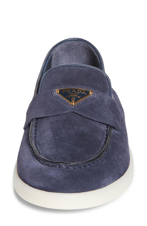 Prada Enamel Triangle Logo Suede Loafers In Bleu