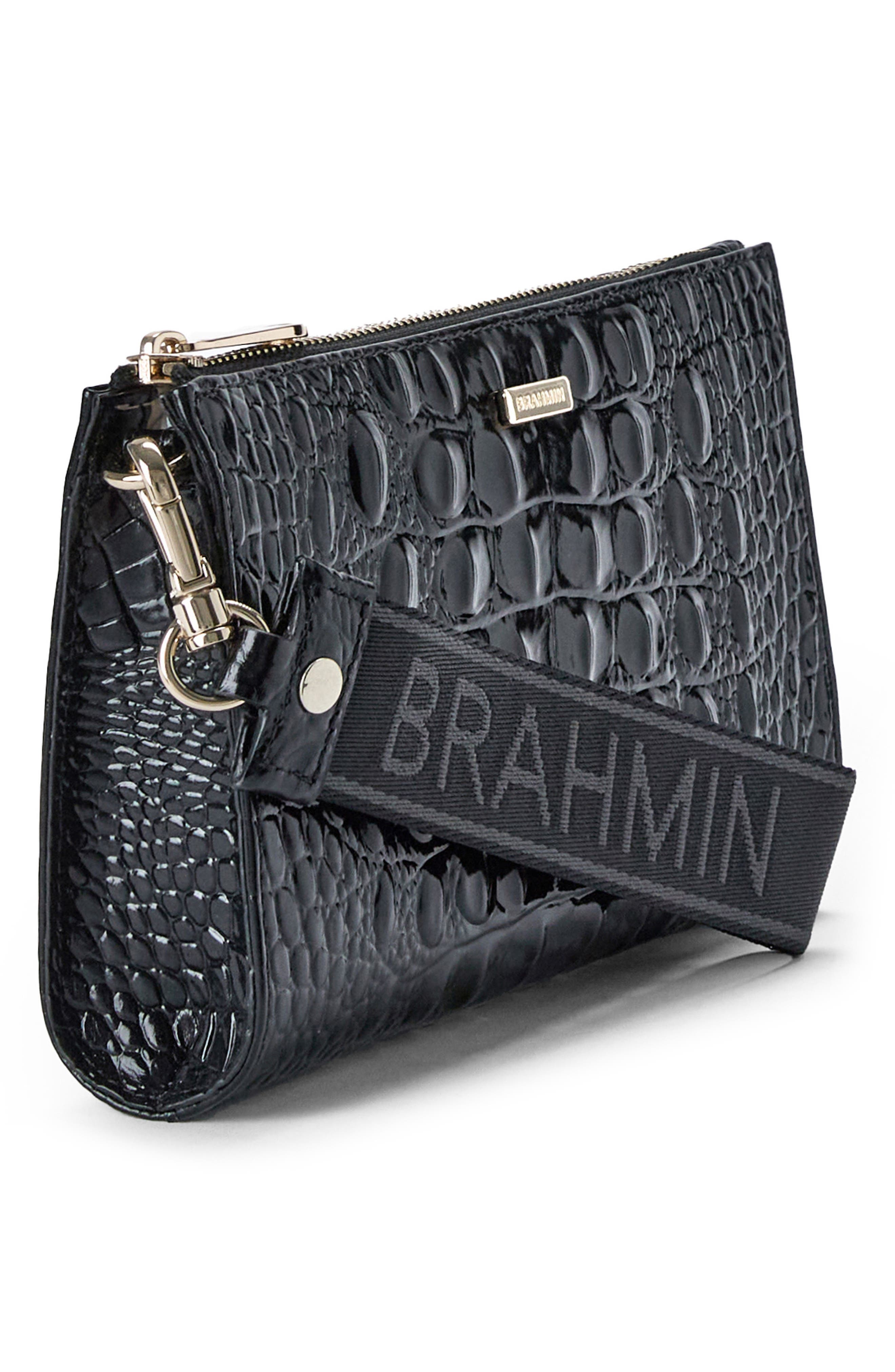 Adia Croc Embossed Leather Wristlet, Alternate, color, BLACK
