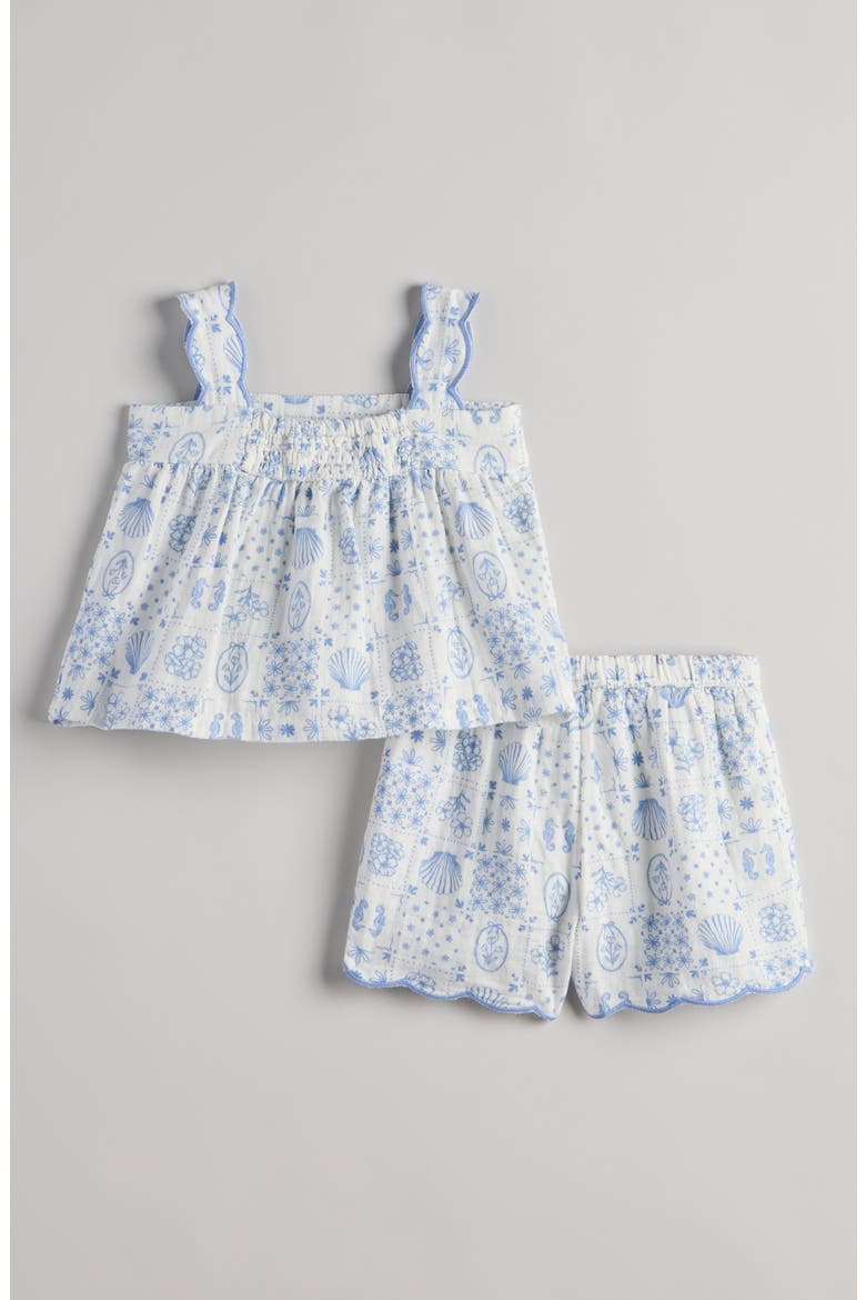 Cotton Mixed Print Top & Shorts Set, Alternate, color, IVORY - BLUE PAINTED TILES