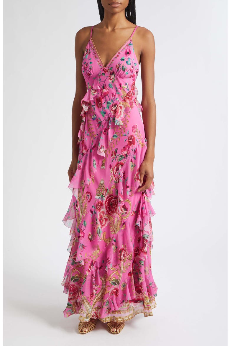 Matadora Flora Asymmetric Ruffle Silk Slipdress, Main, color, MATADORA FLORA