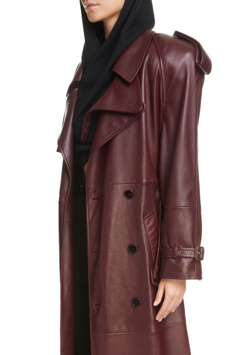 Classic Plunge Long Leather Trench Coat, Alternate, color, BORDEAUX