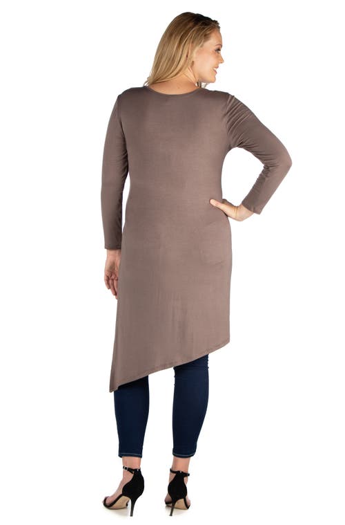 24seven Comfort Apparel Plus Size Long Sleeve Knee Length Asymmetrical Tunic Top In Brown
