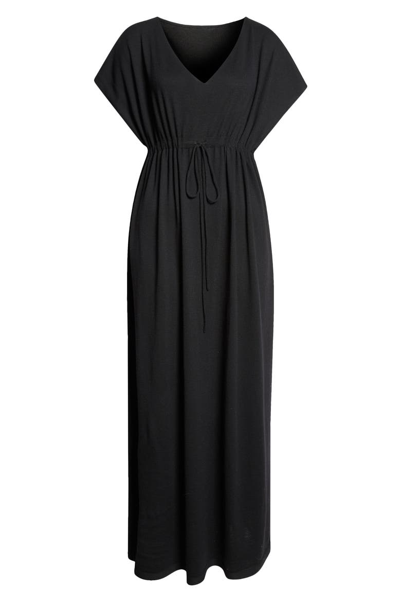 Open Knit Superfine Merino Wool Deep-V Dress, Alternate, color, BLACK
