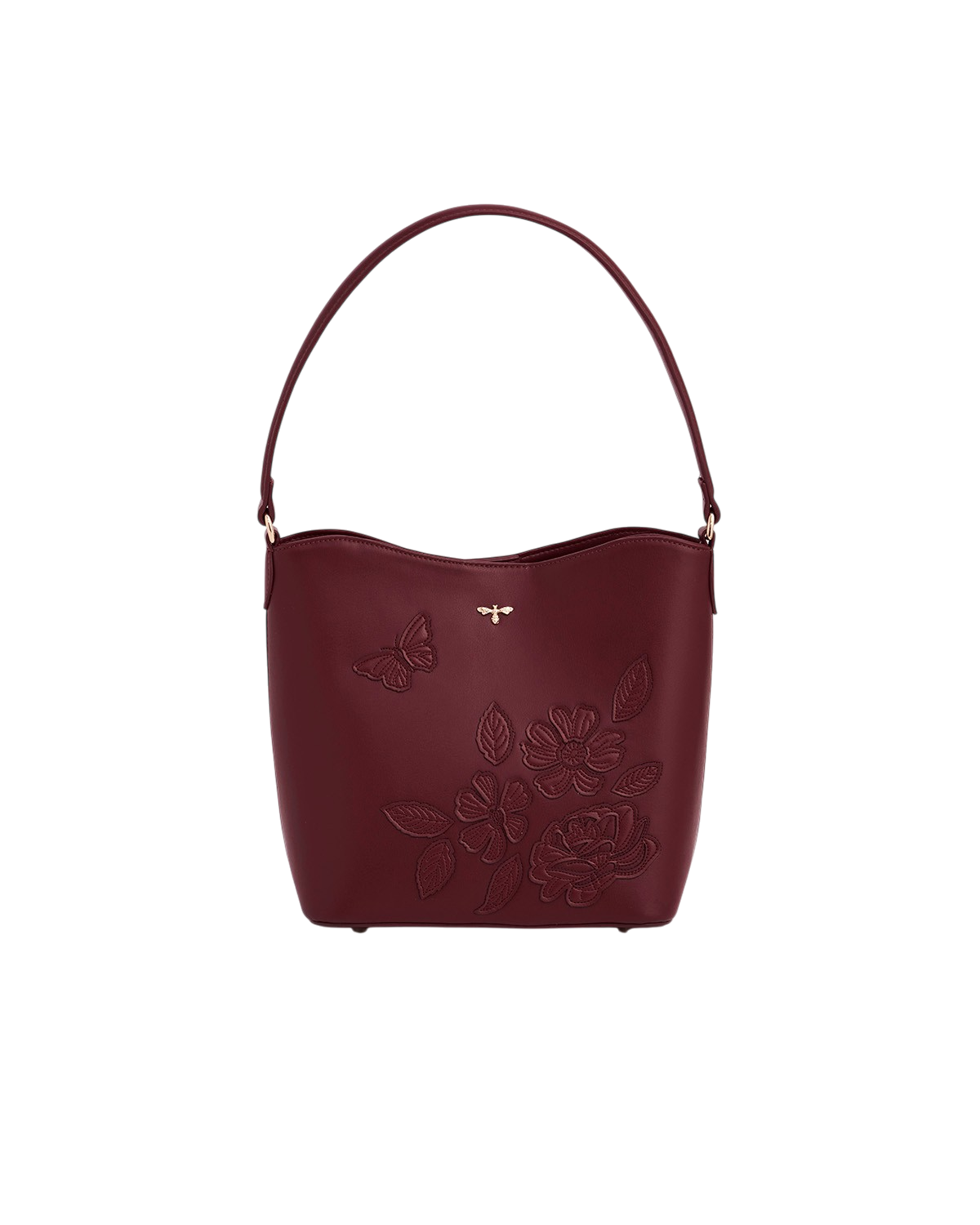 Floral Applique Margot Bucket Purse, Main, color, Burgundy