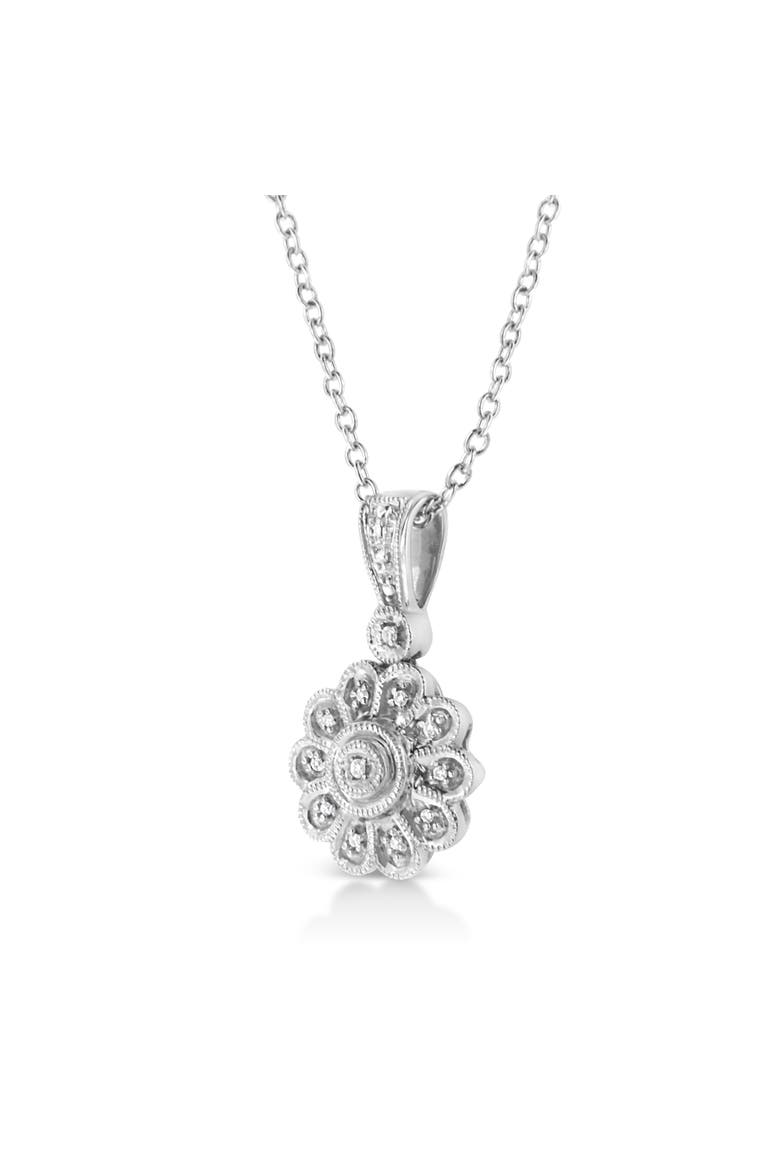 .925 Sterling Silver Diamond Accent Sunburst Milgrain Pendant Necklace, Alternate, color, White