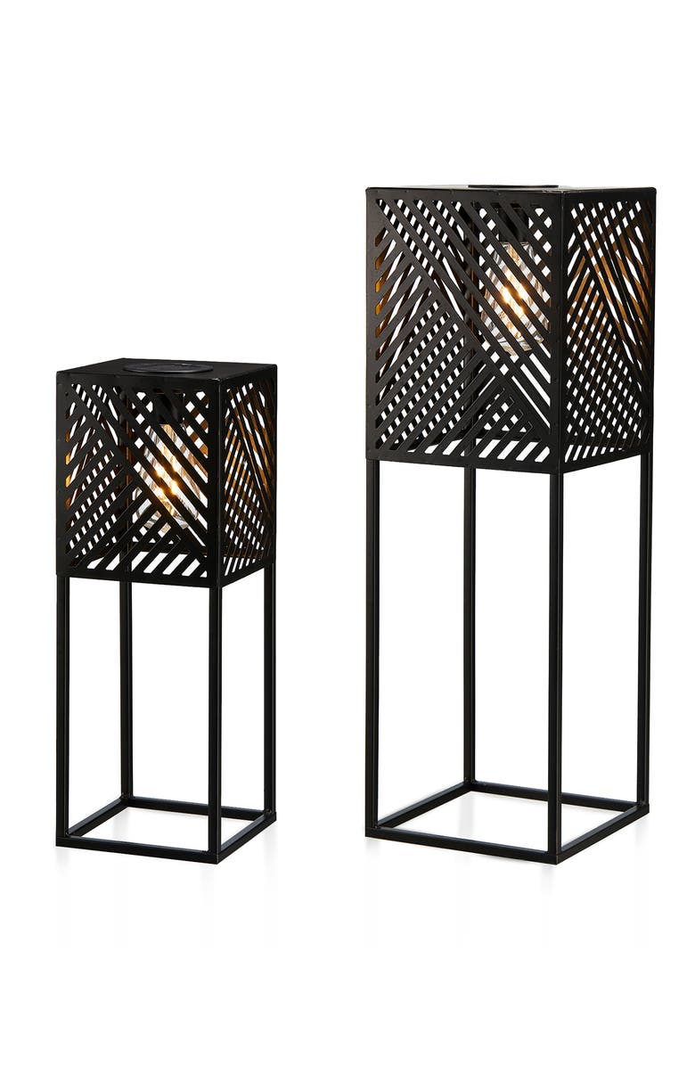 Glitzhome Set of 2 Metal Geometric Floor Solar Powered Outdoor Lanterns, Main, color, Black