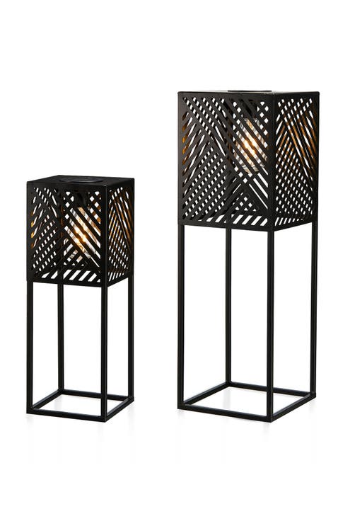 Set of 2 Metal Geometric Floor Solar Powered Outdoor Lanterns