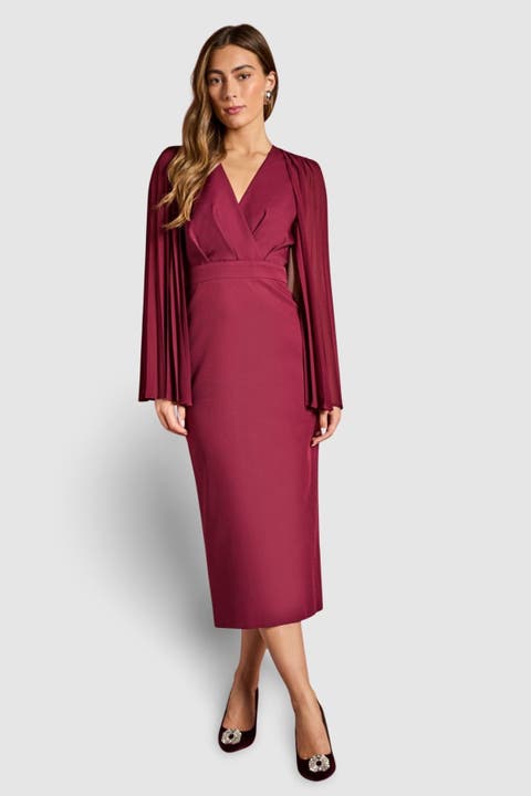 Cape Sleeve Pencil Midi Dress