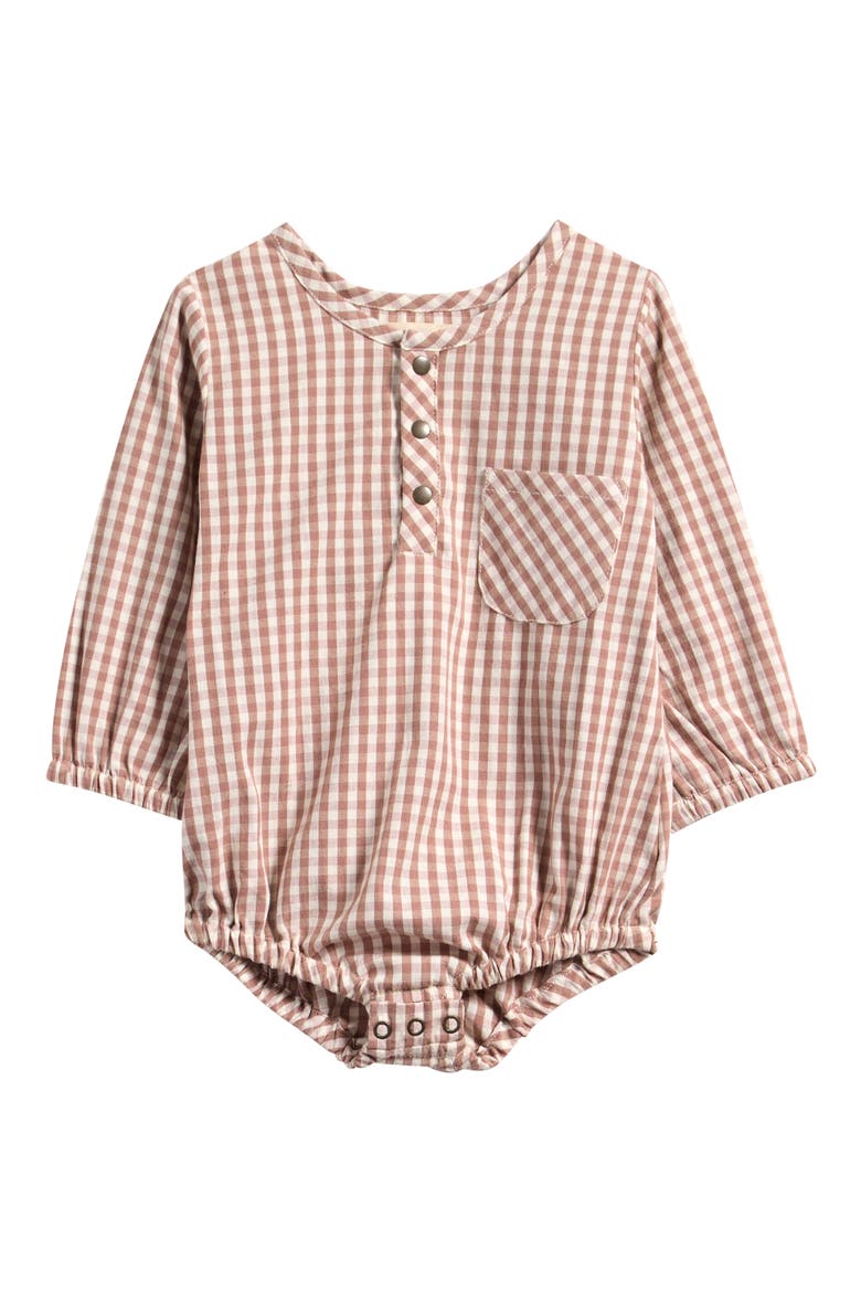 Gingham Check Long Sleeve Organic Cotton Bodysuit, Main, color, THISTLE