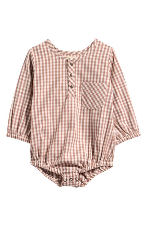 Gingham Check Long Sleeve Organic Cotton Bodysuit (Baby)