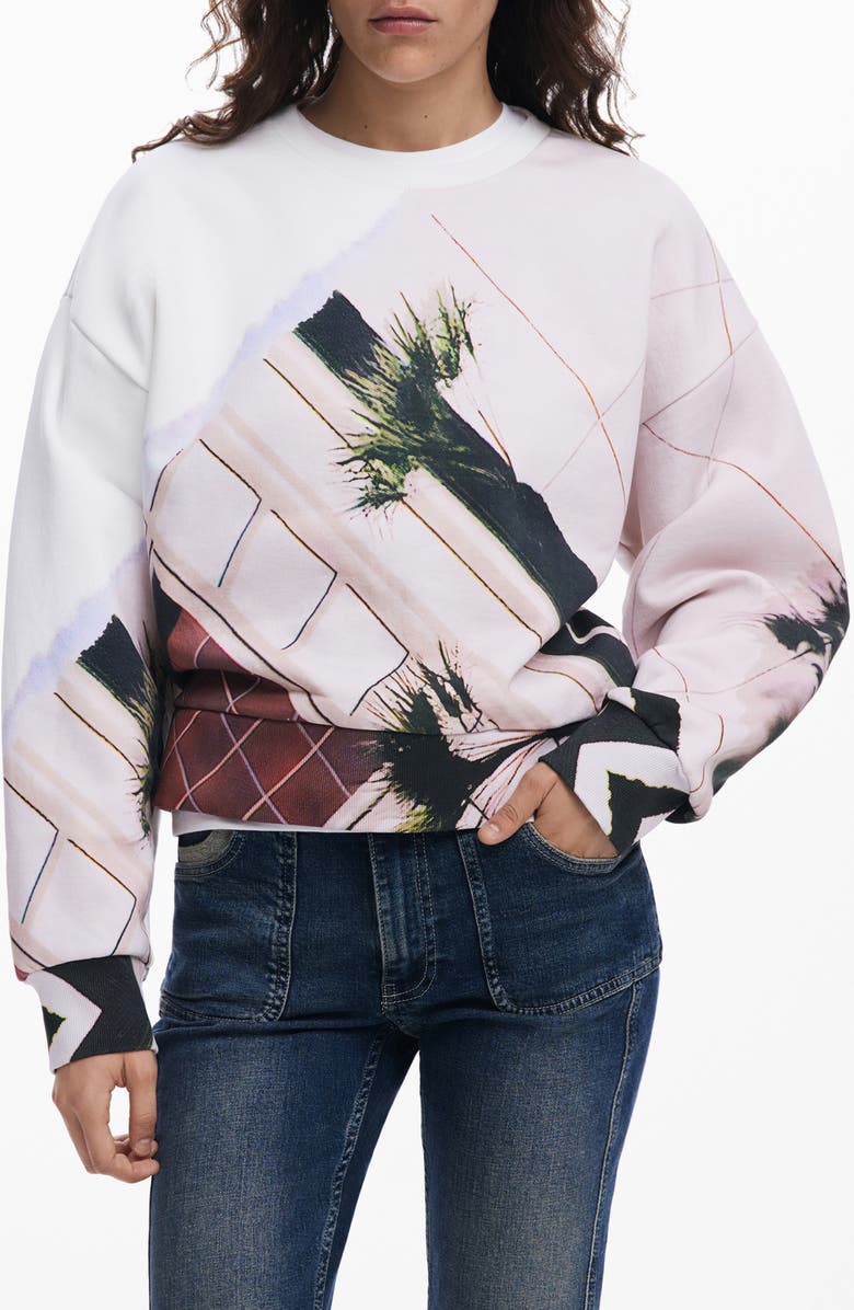 Desigual Abstract Print Crewneck Sweatshirt, Main, color, White Multi