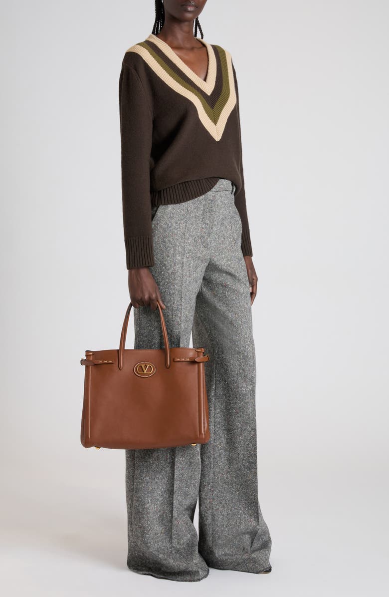 Valentino Maglia Virgin Wool V-Neck Sweater, Alternate, color, Brown/ Beige