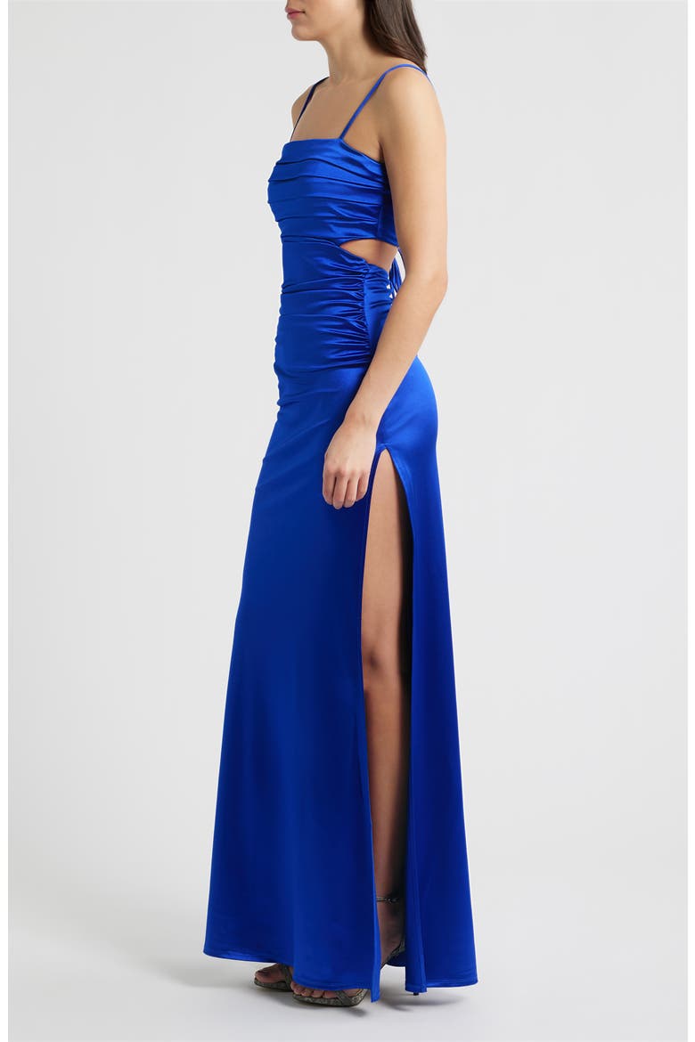 Ruched Sleeveless Satin Gown, Alternate, color, COBALT