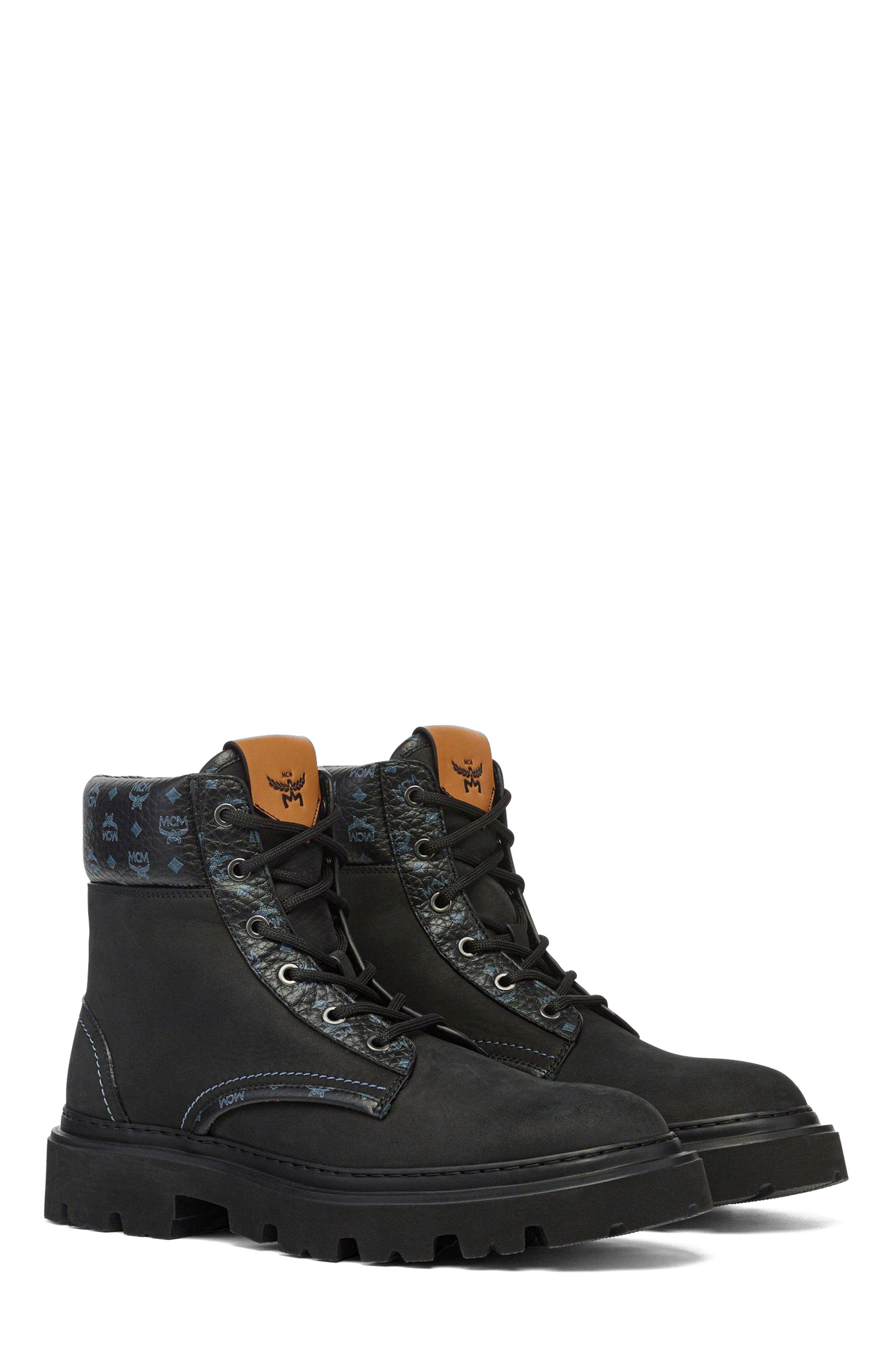 MCM Male Ankle Boots in Nubuck and Monogram Print Leather, Main, color, Black