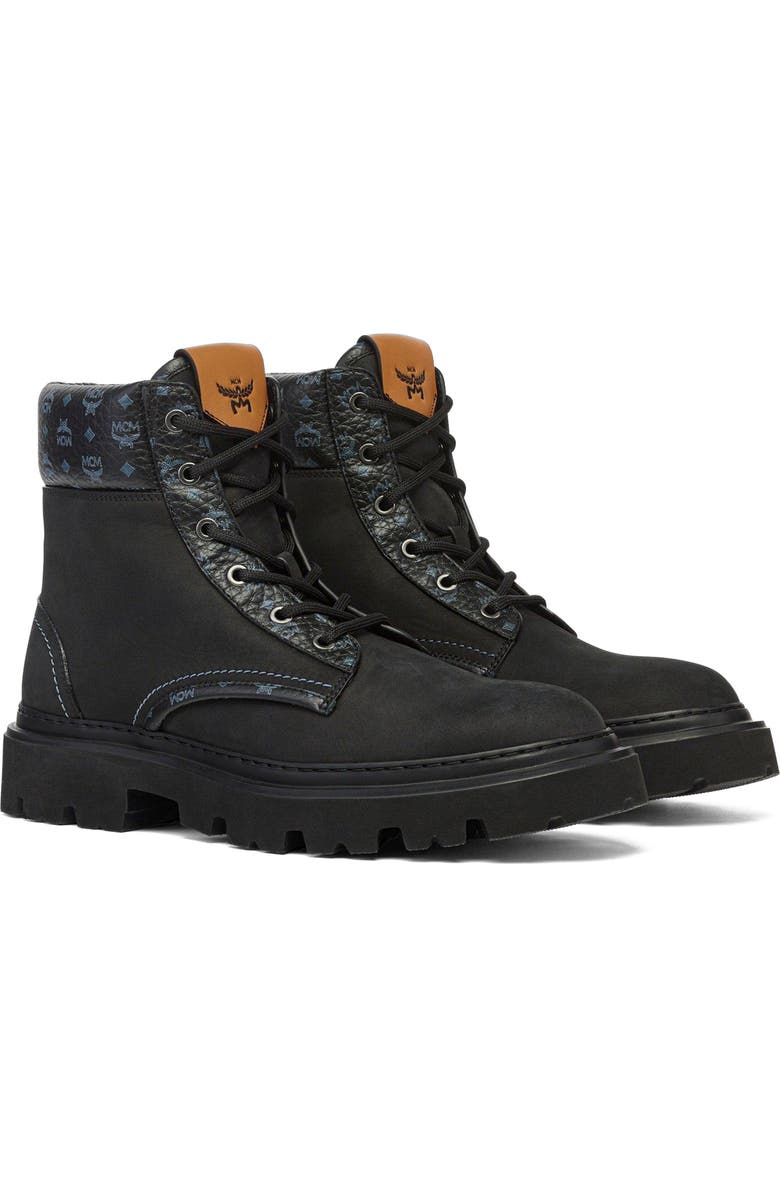 MCM Male Ankle Boots in Nubuck and Monogram Print Leather, Main, color, Black