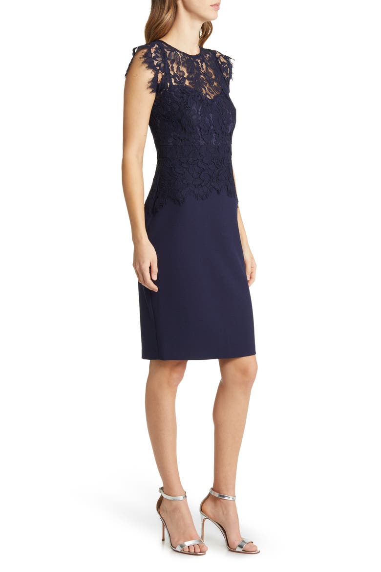 Lace & Stretch Crepe Sheath Dress, Alternate, color, NAVY