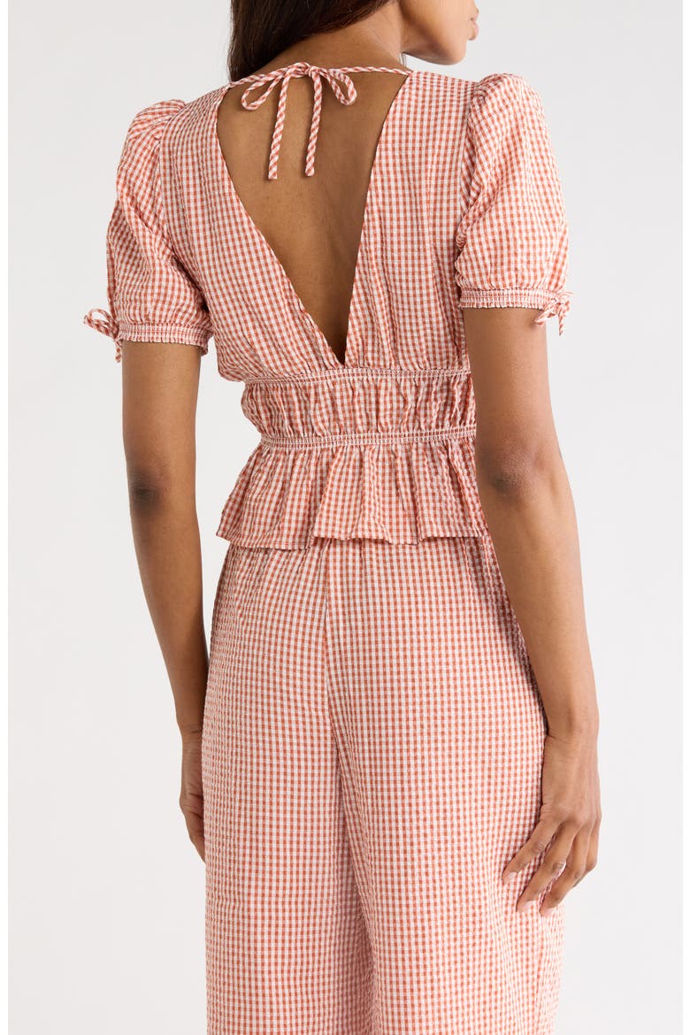 Gingham Short Sleeve Tie Front Top, Alternate, color, CLAY SEERSUCKER