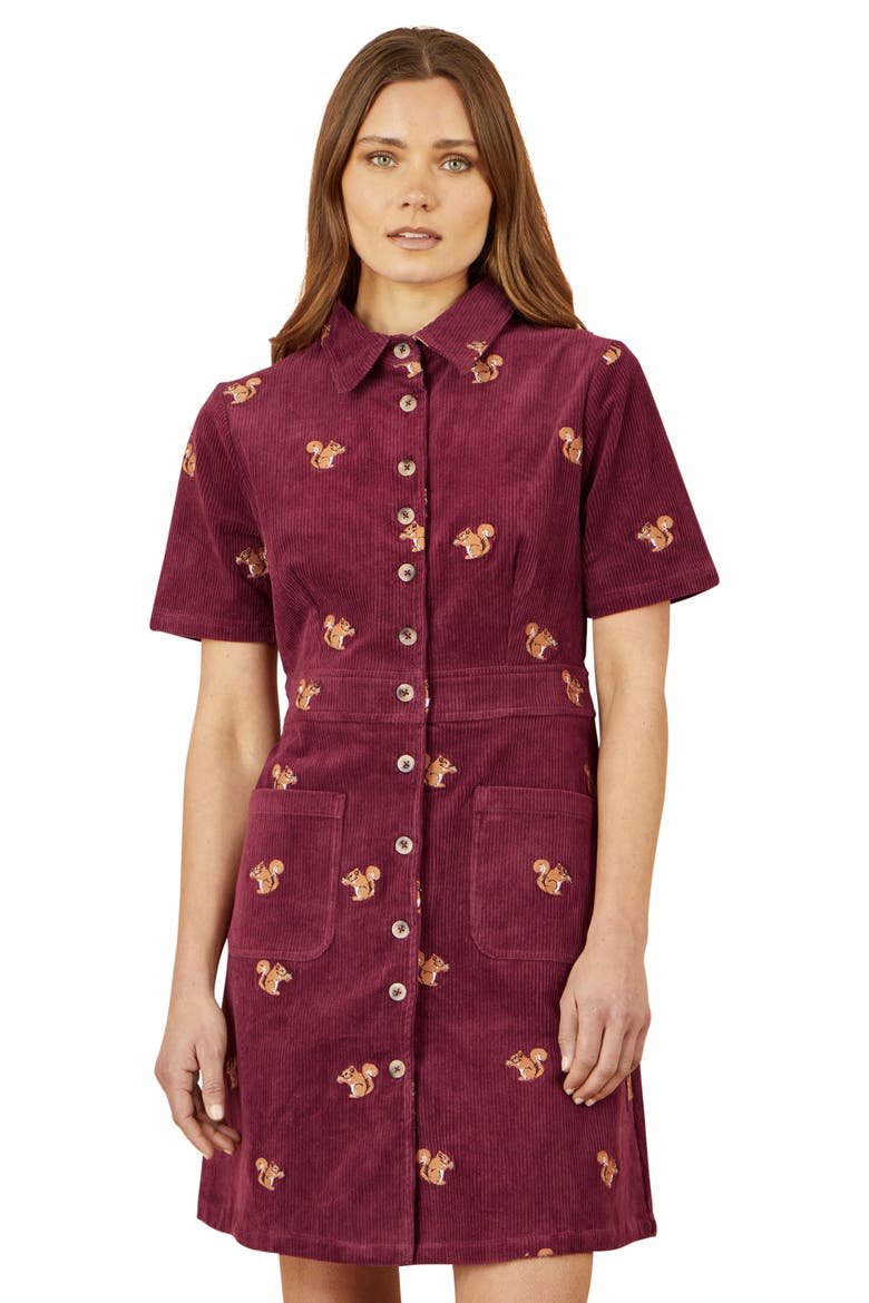Fox Embroidered Cord Shirt Dress, Alternate, color, Burgundy
