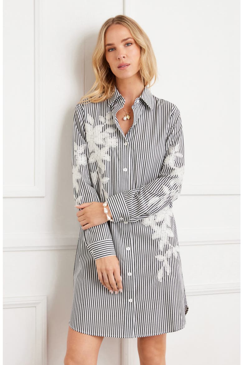 Floral Embroidery Long Sleeve Shirtdress, Alternate, color, BLACK W/ OFF WHITE