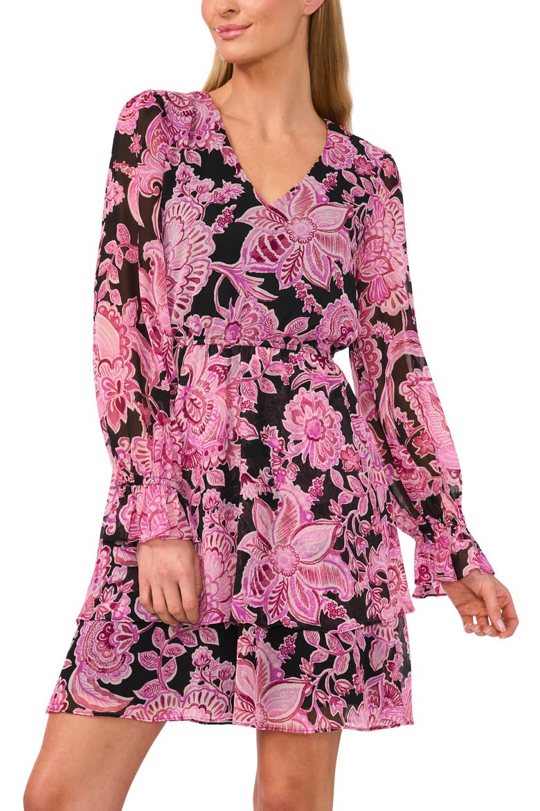 Floral Long Sleeve Tiered Dress, Alternate, color, RICH BLACK