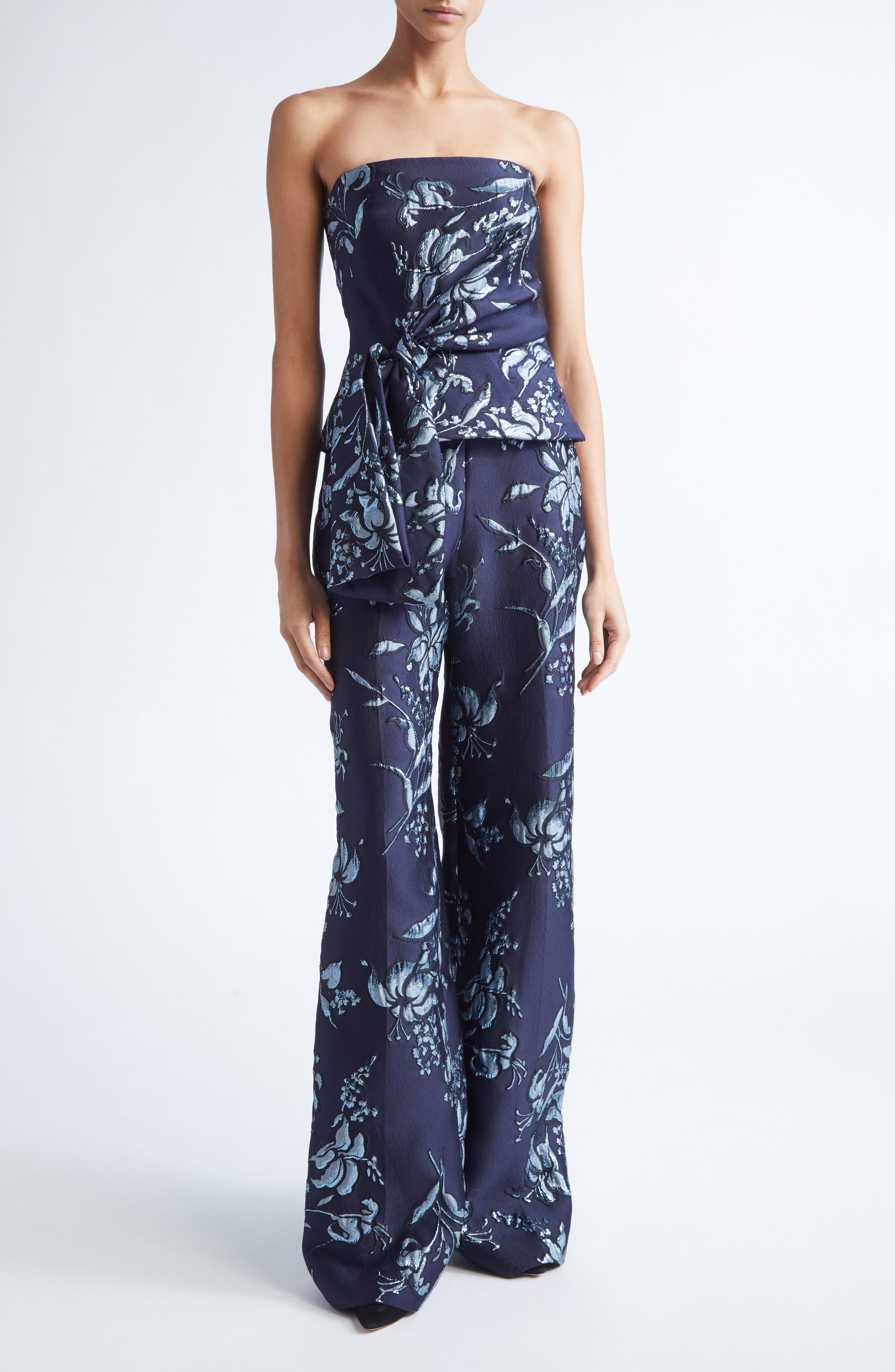 Metallic Floral Brocade Strapless Cascade Top - image 2