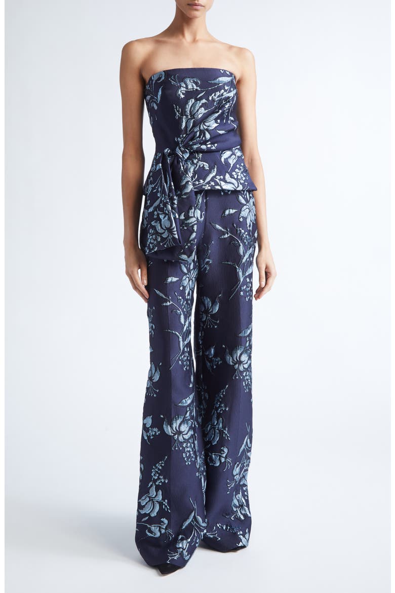 Metallic Floral Brocade Strapless Cascade Top, Alternate, color, NAVY