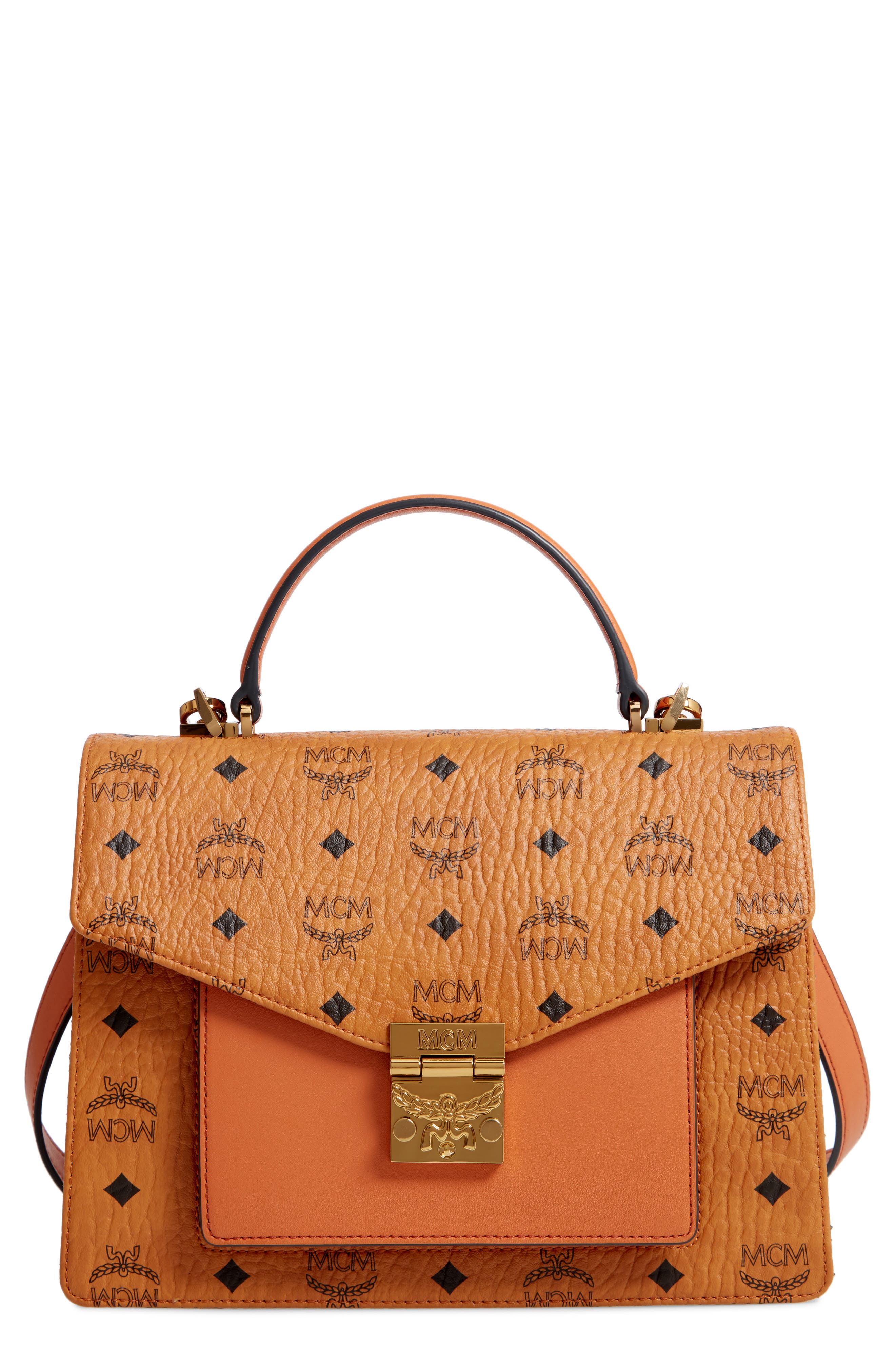 Medium Patricia Visetos Coated Canvas Satchel, Main, color, COGNAC