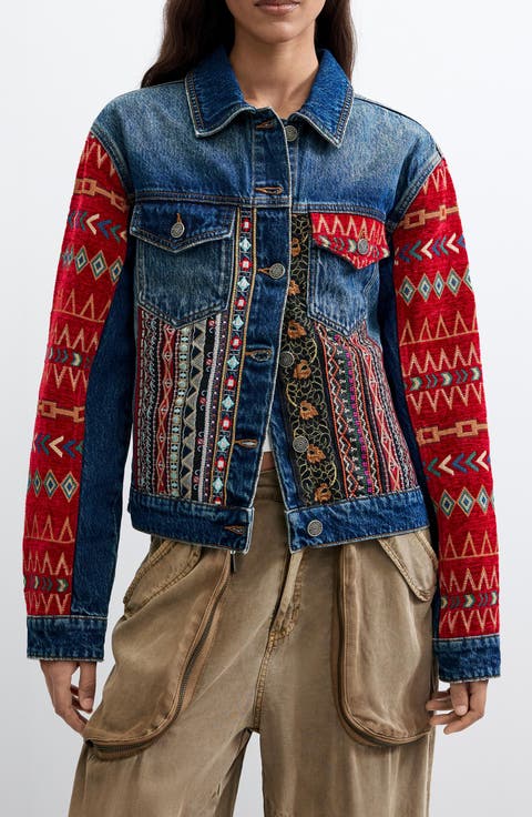 Mixed Pattern Embroidered Denim Jacket