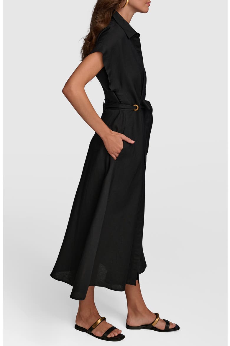 Drawstring Waist Linen Blend Shirtdress, Alternate, color, BLACK