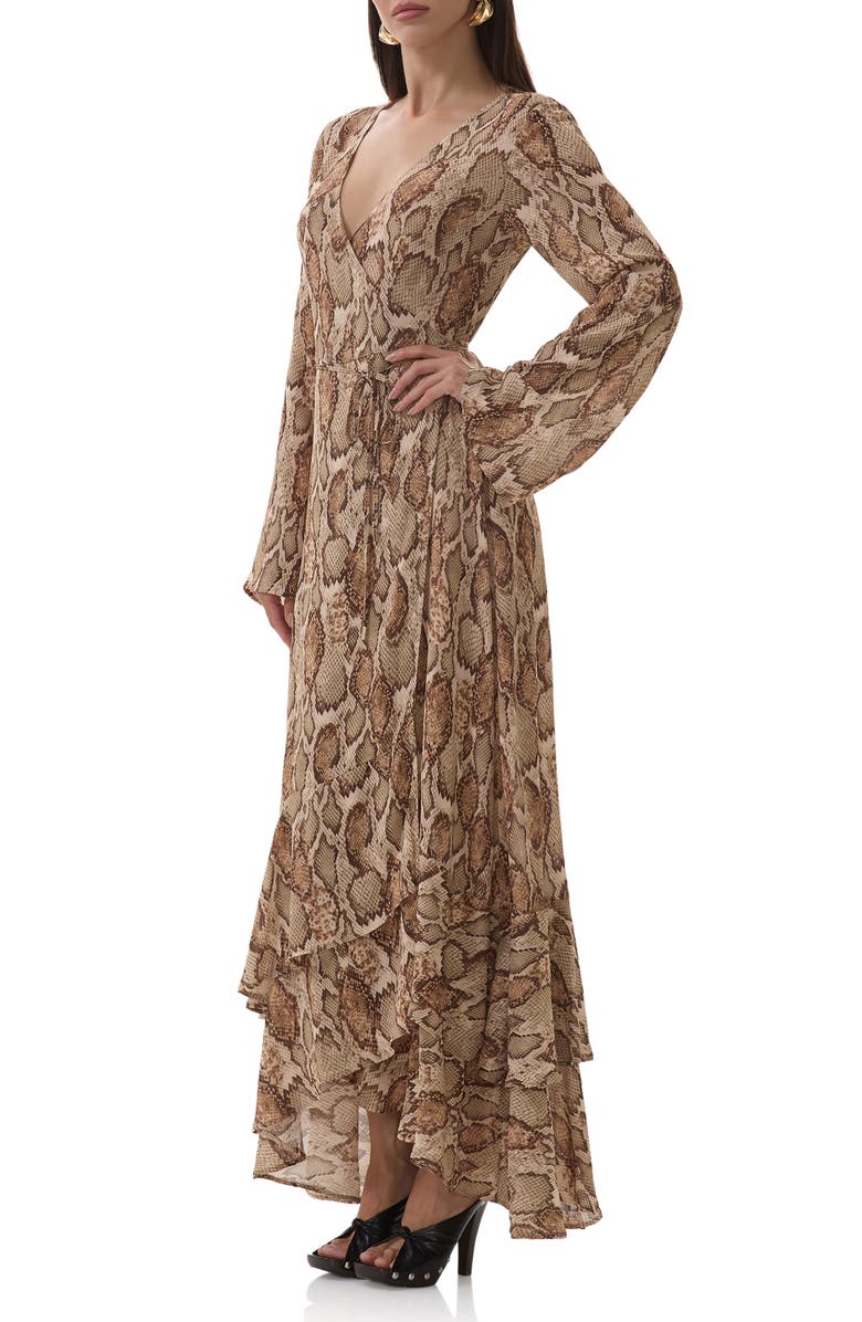 AFRM Mimi Snakeskin Print Long Sleeve Wrap Dress, Alternate, color, Sand Snake