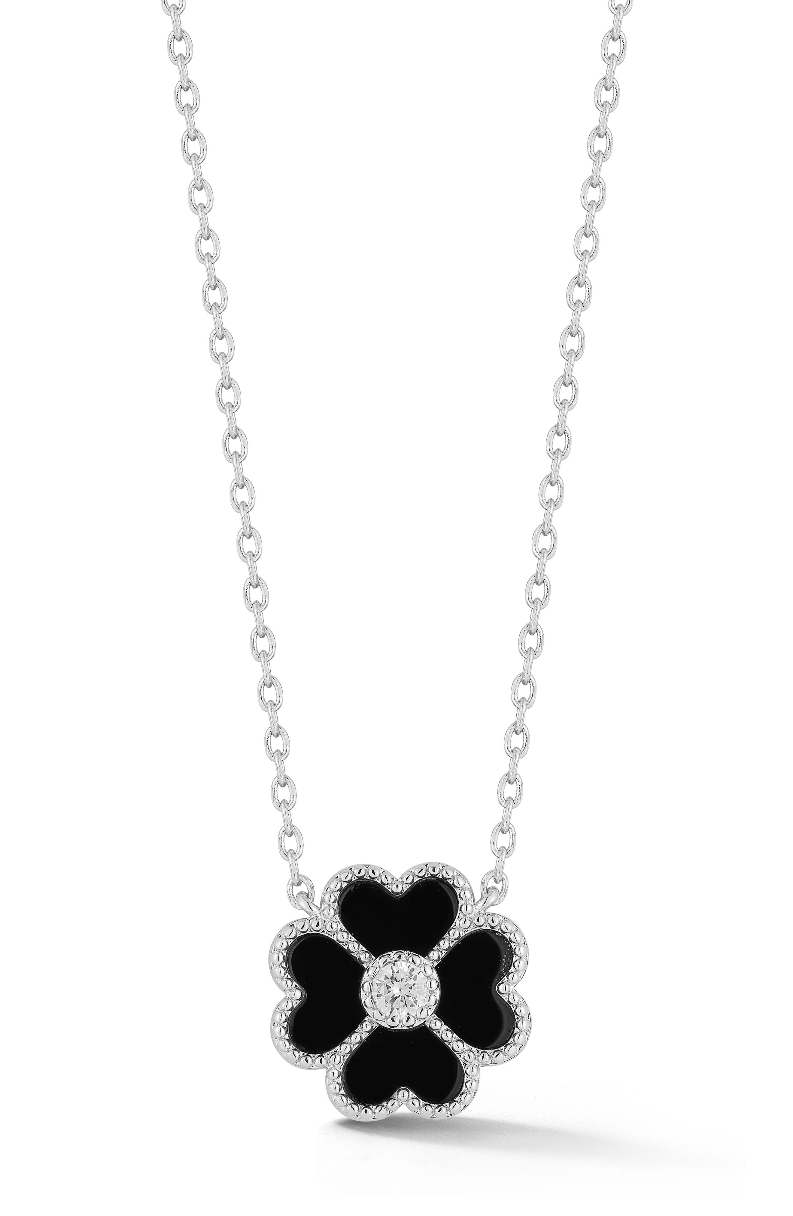 Sphera Milano Black Agate & Cubic Zirconia Clover Pendant Necklace In Silver