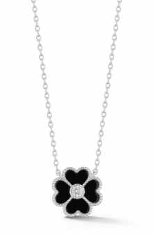 Black Agate & Cubic Zirconia Clover Pendant Necklace