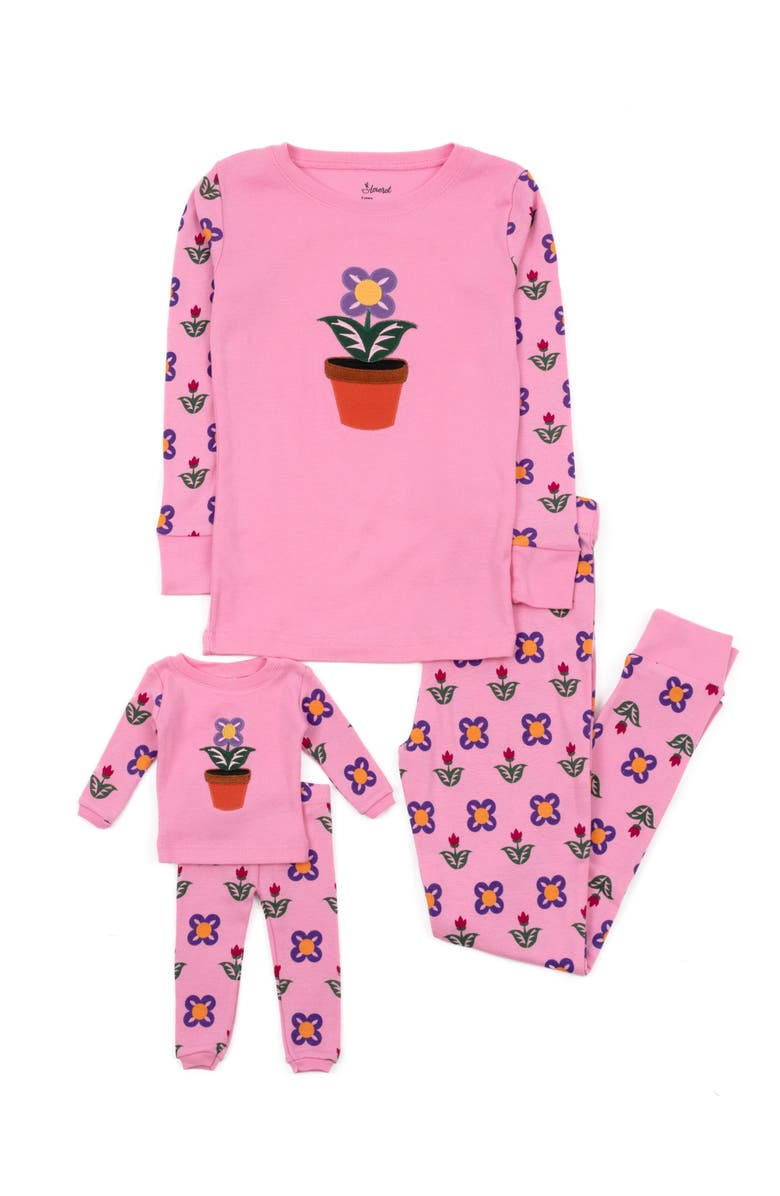 Leveret Girls 2-pc. Cotton Pajamas with Matching Doll Accessory - Spring & Everyday Prints, Main, color, Flower Pot Pink