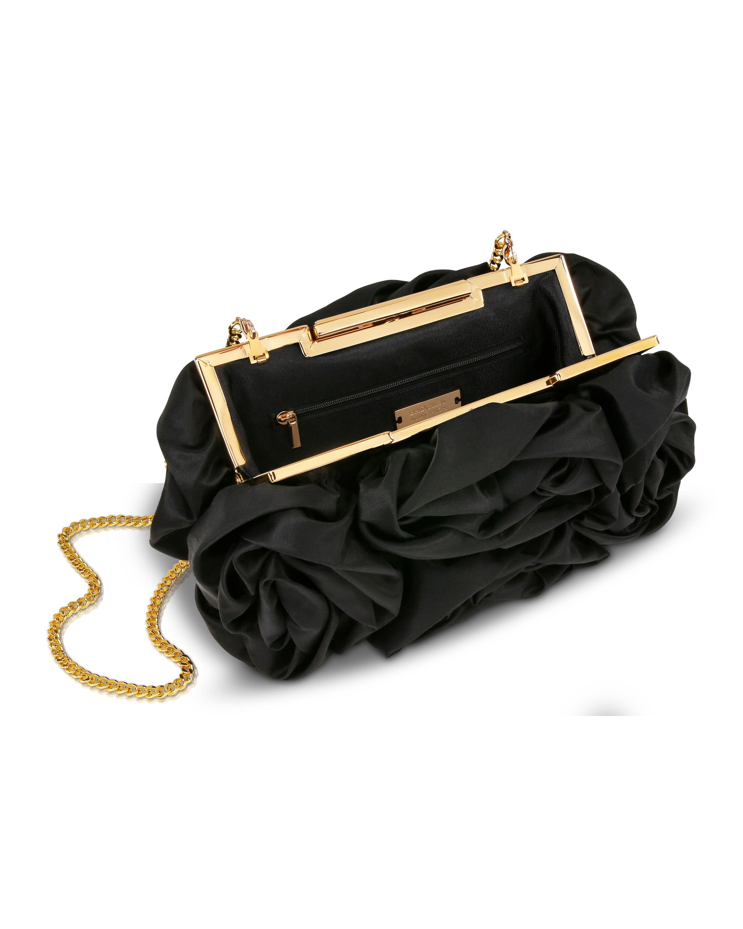 BADGLEY MISCHKA Jett Silk Satin Rosette Clutch, Alternate, color, Black